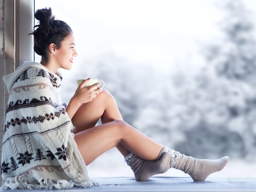 Young,Beautiful,Happy,Brunette,Woman,Drinking,Cup,Of,Coffee,Wearing